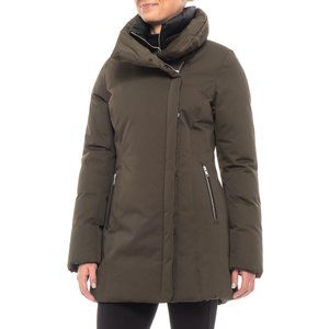 Women's Olive Puffer Coat with High Funnel Collar